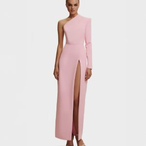 Pink Long-sleeved dress with sharp shoulder cut