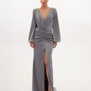 Fancy silver silk maxi evening dress